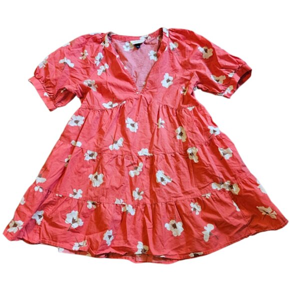 Universal Thread Mini Dress Women Small Pink Coral Floral Puff Sleeve Tiered - Picture 2 of 9